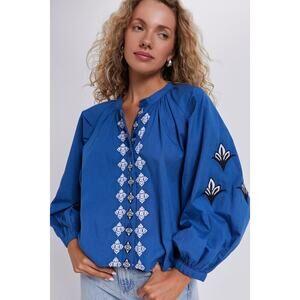 THE SHIRT BY ROCHELLE BEHRENS Midway Blue Minka Shirt Size XL NWT